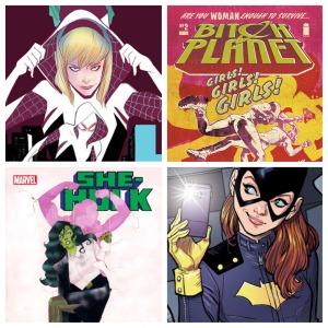 From top-left: Spider-Gwen, Bitch Planet, She-Hulk and Batgirl